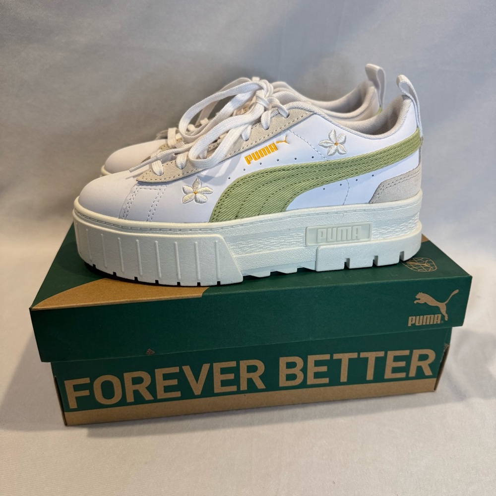 PUMA Mayze Embroidery Platform  Womens White Sneakers Casual Shoes